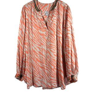 Chico's Womens Tunic Top Blouse Large Embellished Orange Animal Print Semi Sheer